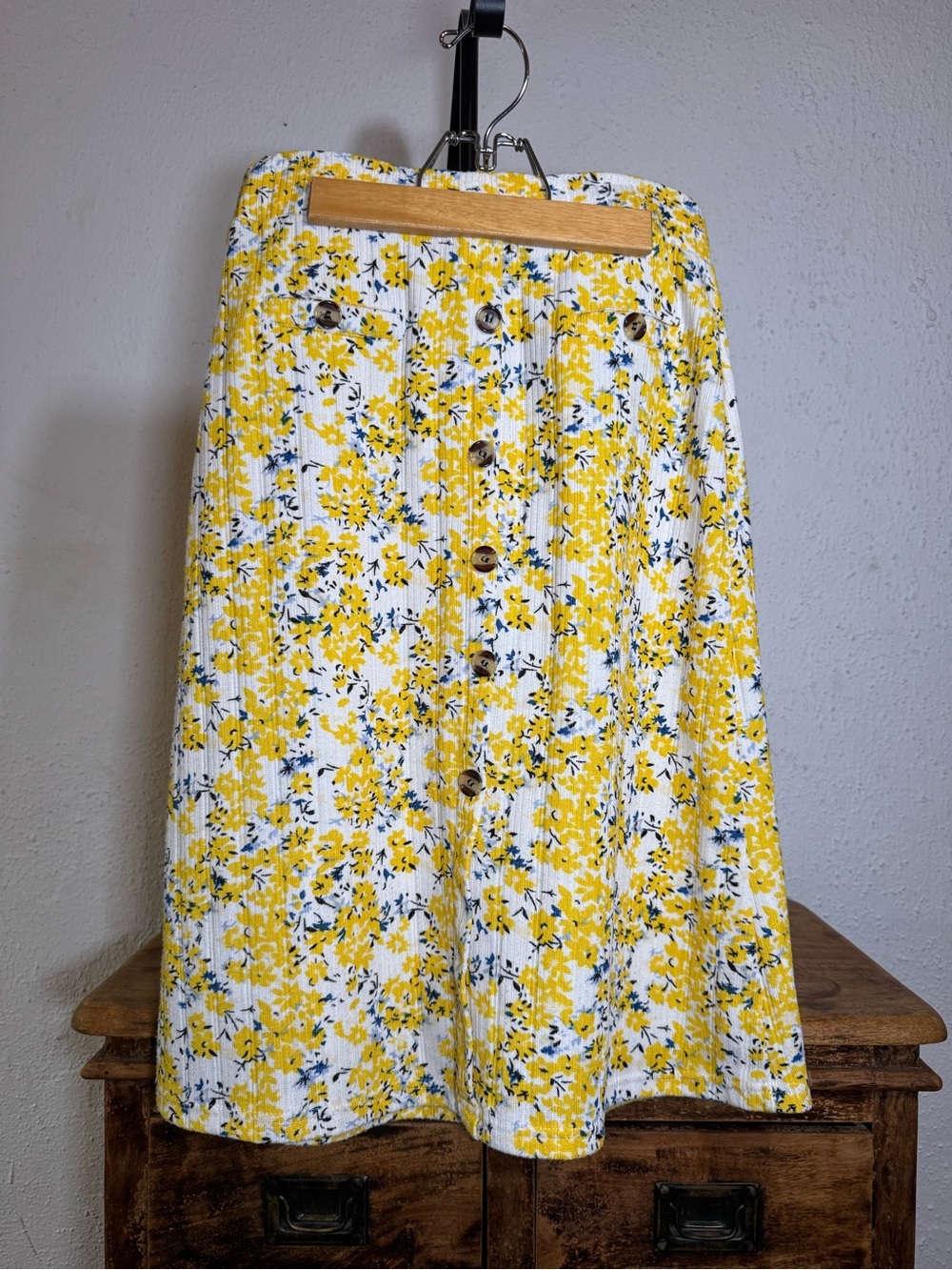 Floral Button-Front A-Line Skirt in Yellow & White - Rene Ricci Medium